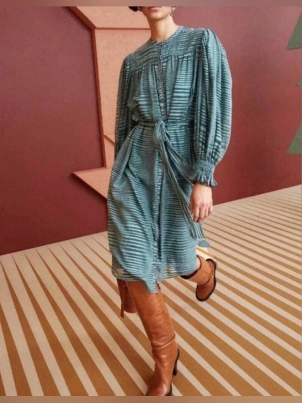 Ulla Johnson Striped Teal Button Front Midi Maxi Shirt Dress Size 10 - Picture 1 of 9